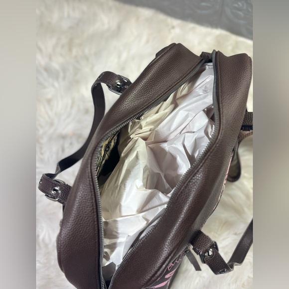 Ed Hardy nwt brown pink skull faux leather large tote weekender bag purse biker - Picture 7 of 10